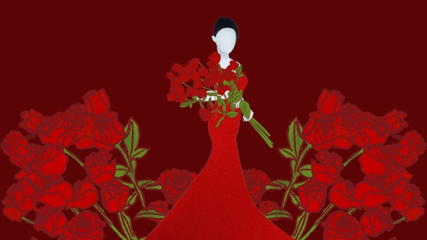 原创插画玫瑰花从中的旗袍女生