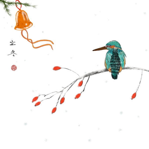霜雪翠鸟圣诞铃铛图中国风系列之六