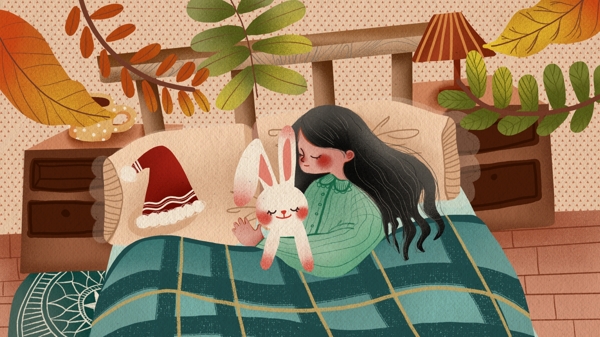 晚安你好女孩抱着玩具兔子睡觉温馨可爱插画