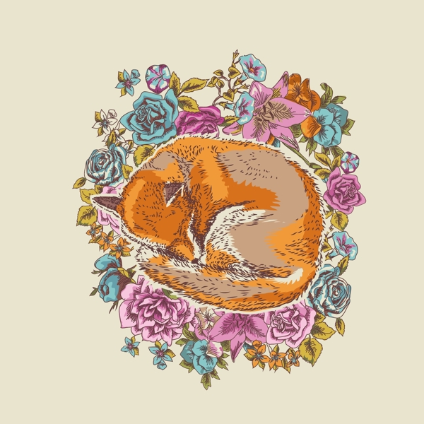 印花矢量图卡通动物狐狸植物免费素材