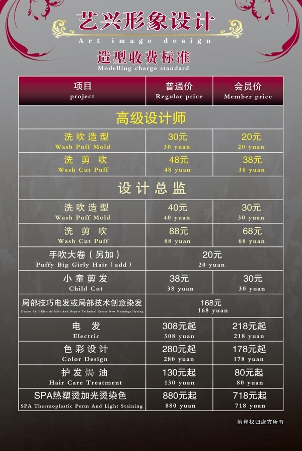 理發(fā)店價(jià)目表