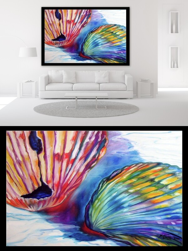 漂亮的贝壳艺术彩绘油画沙发无框装饰画