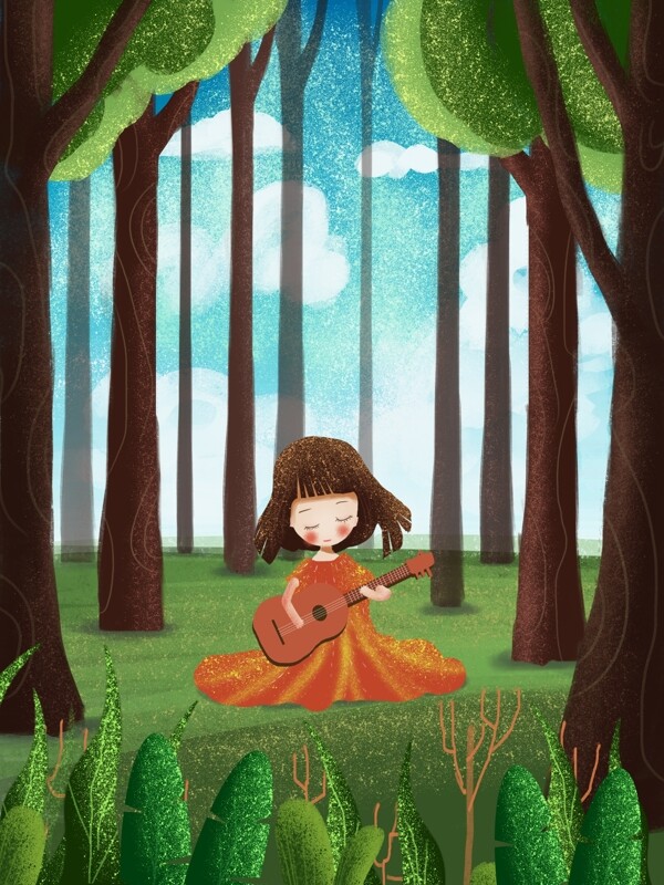 三月你好唯美小清新森林里弹吉他的小女孩