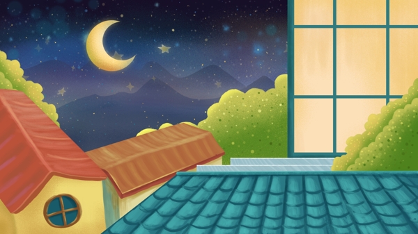 彩绘童话风屋顶夜空背景设计