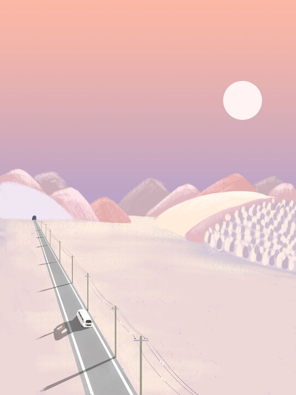 唯美黄昏大雪公路手绘背景素材