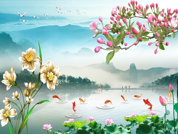 荷花有魚3D陶瓷彩雕圖片