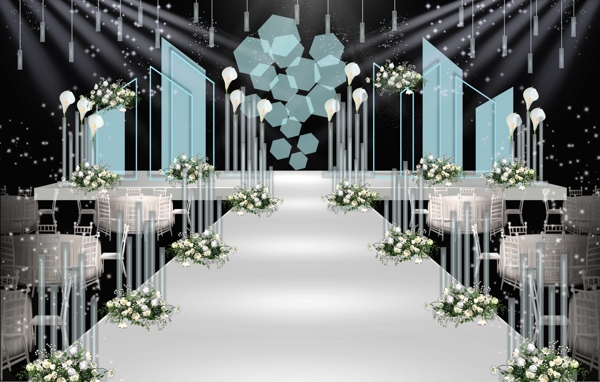 蓝白色系创意几何小清新婚礼舞台效果图