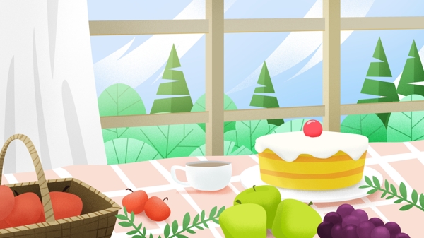 原创下午茶蛋糕甜品水果享受生活插画