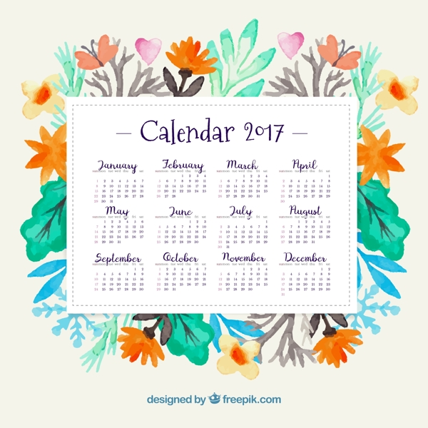 2017年日歷與水彩花卉