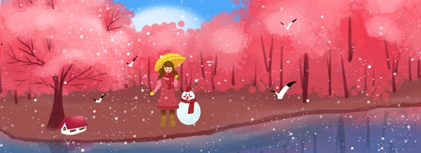 冬日闲逛樱花林的女孩插画风海报