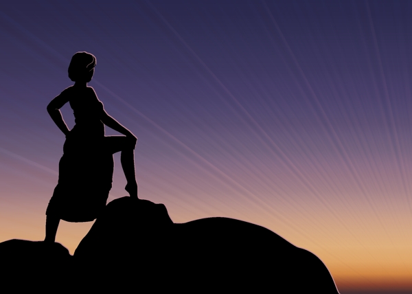 夕阳中的矢量女孩剪影站在岩石上的女孩