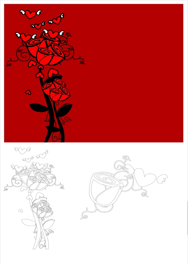 紅色元素玫瑰花線條AI文件