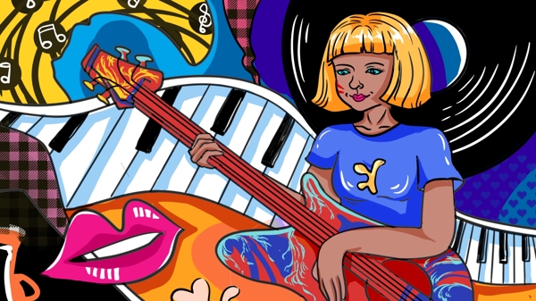 潮漫涂鸦卡通音乐女孩吉他音符钢琴手绘插画