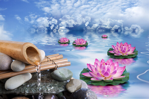 竹筒流水與蓮花圖片