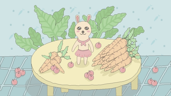 简约清新扁平风萌宠系列小兔子吃萝卜插画