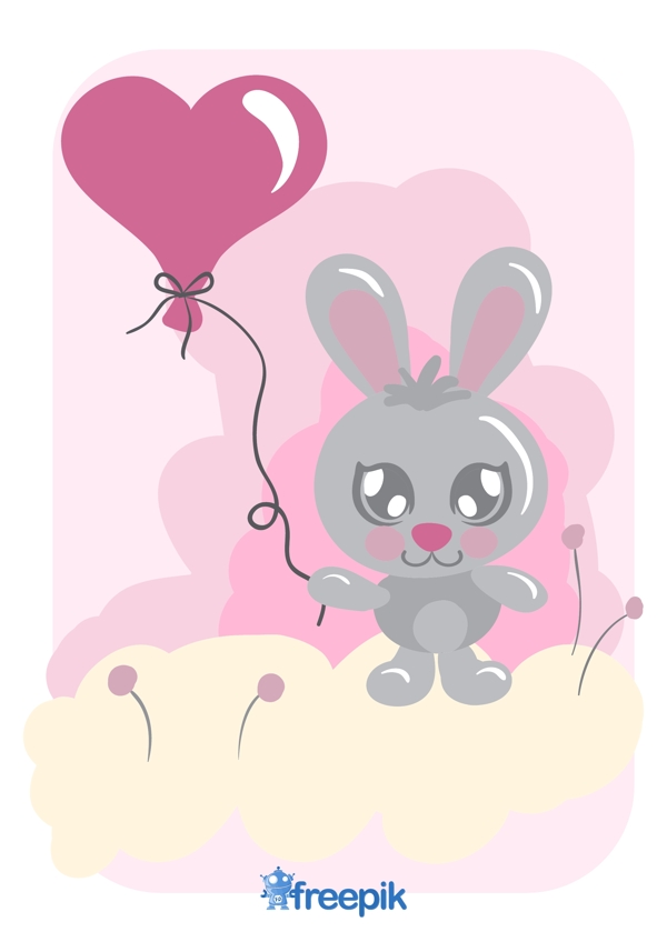 带有心形气球的卡通兔子