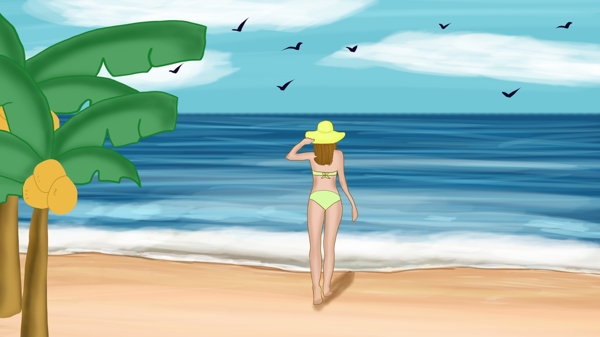 夏日大暑海滩风光比基尼女孩原创插画
