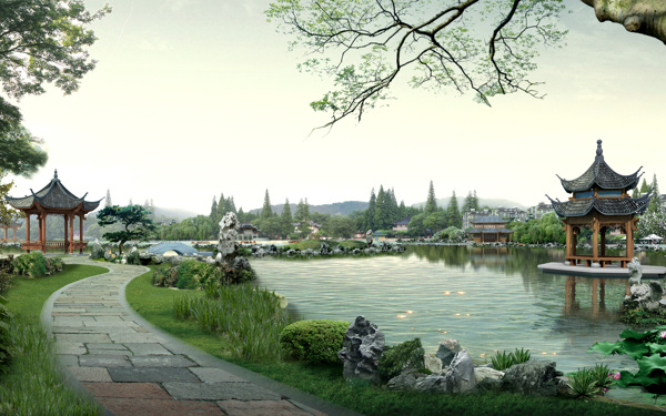 公園水中涼亭圖片