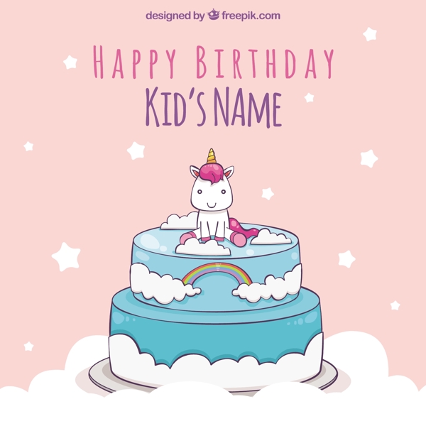 独角兽的生日背景在蛋糕的顶部