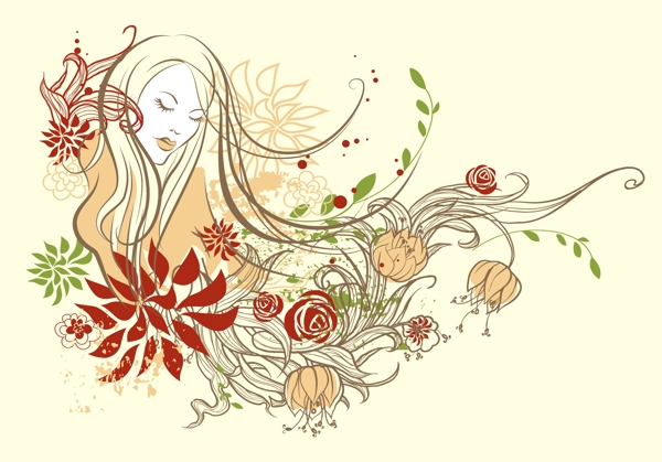彩繪花卉美女矢量素材圖片
