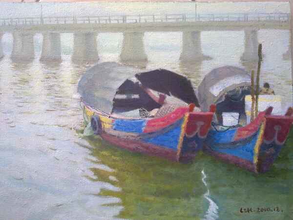 航船高清風景油畫