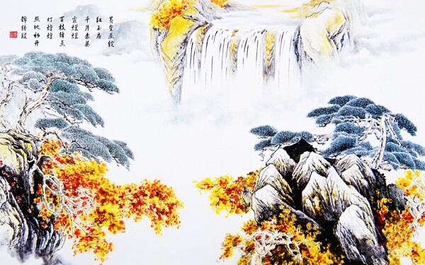 3D中国风国画山水诗词背景墙