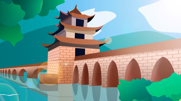 中国风历史建筑双龙桥