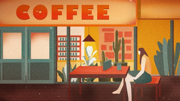 城市生活街角喝咖啡复古肌理插画渐变扁平