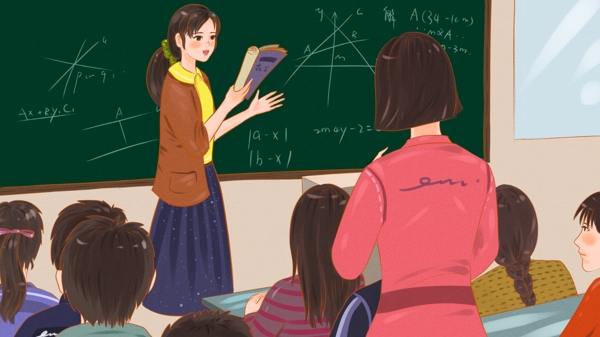 教学场景描边写实上数学课的老师和同学们