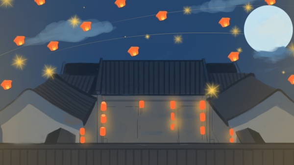 传统中元节圆月孔明灯背景素材