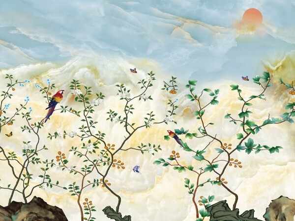 新中式花鸟大理石背景墙