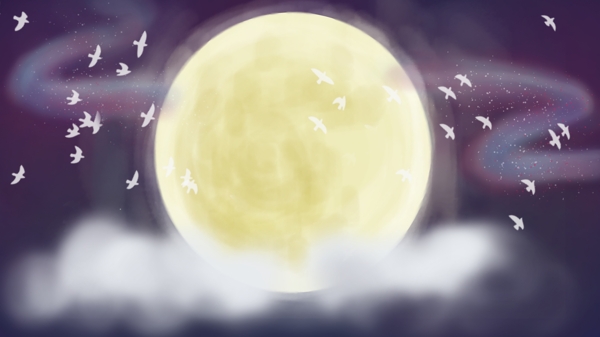 一轮明月喜鹊天空白云卡通背景