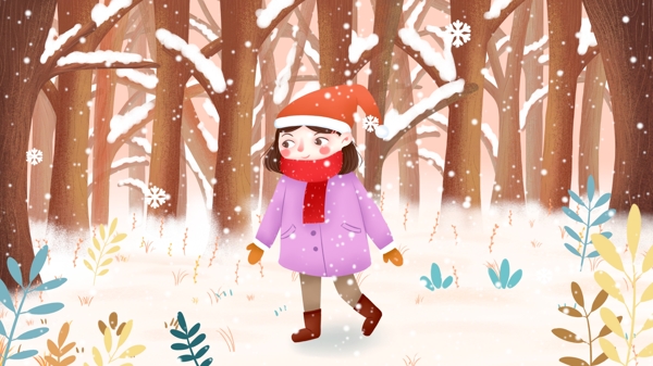 暖冬冬季森林小女孩插画