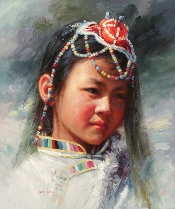 藏族小女孩油畫圖片