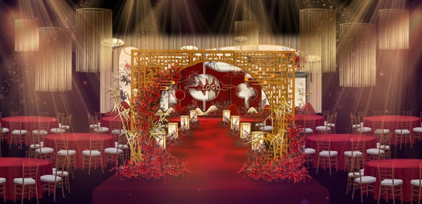 新中式婚礼红金色婚礼效果图