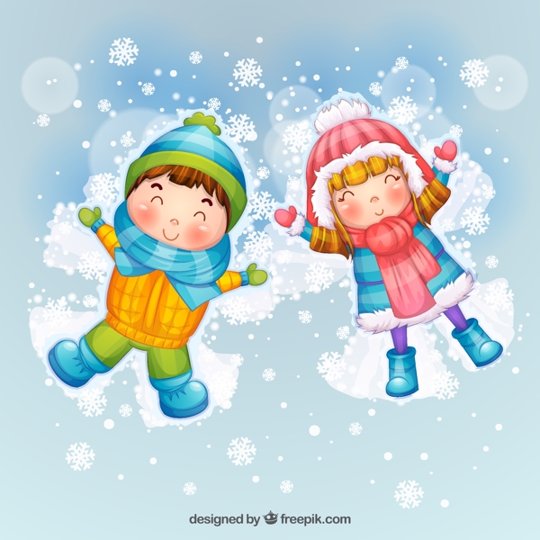 可愛雪地玩耍的男孩和女孩