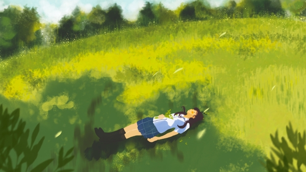 夏日绿色草地树荫下乘凉的女孩手绘插画