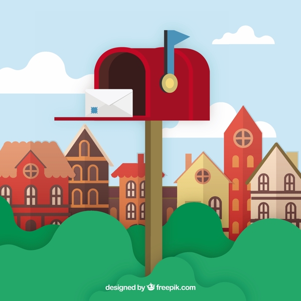 红色邮箱和信封的城市背景