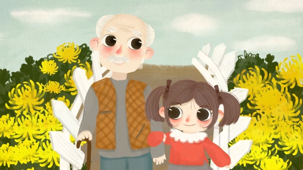 女孩和爷爷重阳节登山赏菊