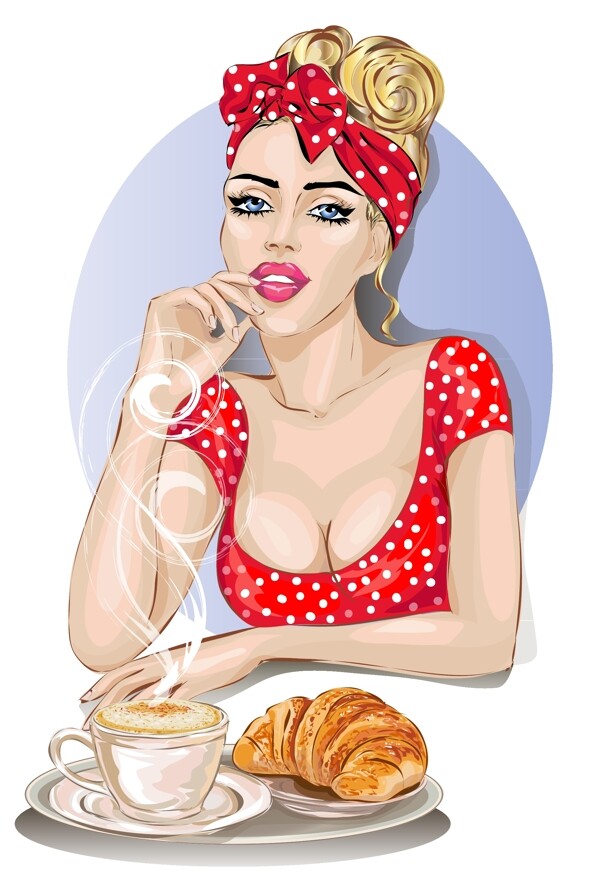 手绘吃早餐的外国女人插画