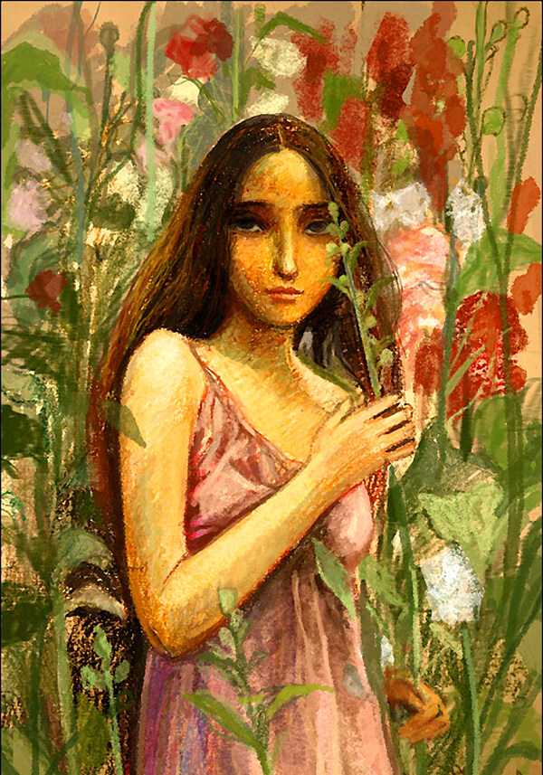 花丛中的女孩肖像油画图片