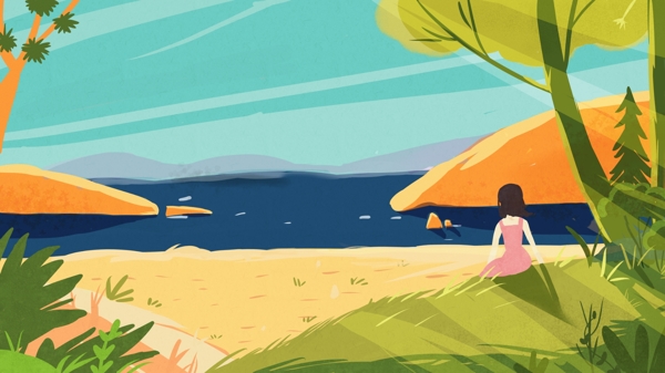 海岸沙滩上坐着的小女孩绿色植物卡通背景