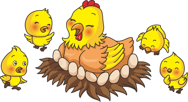 原创动物卡通系列母鸡和小鸡