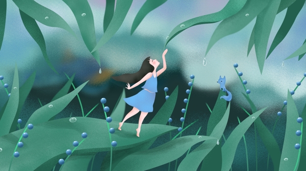 原创插画二十四节气白露草上喝露水的女孩