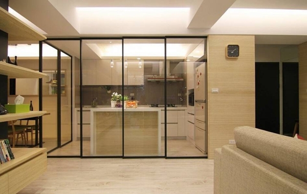 现代客厅厨房透明移门效果图