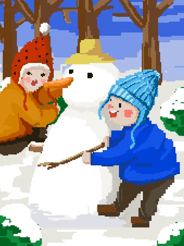 像素画冬季下雪男孩女孩堆雪人