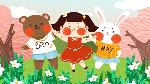 国际儿童日女孩兔子熊熊可爱扁平原创插画