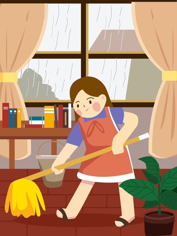 五一劳动节女孩子在家打扫的插画