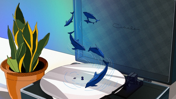 原创海蓝听鲸的声音音乐手绘插画