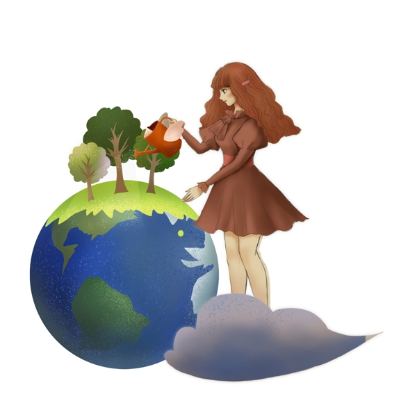 手绘创意绿色地球浇花的女孩